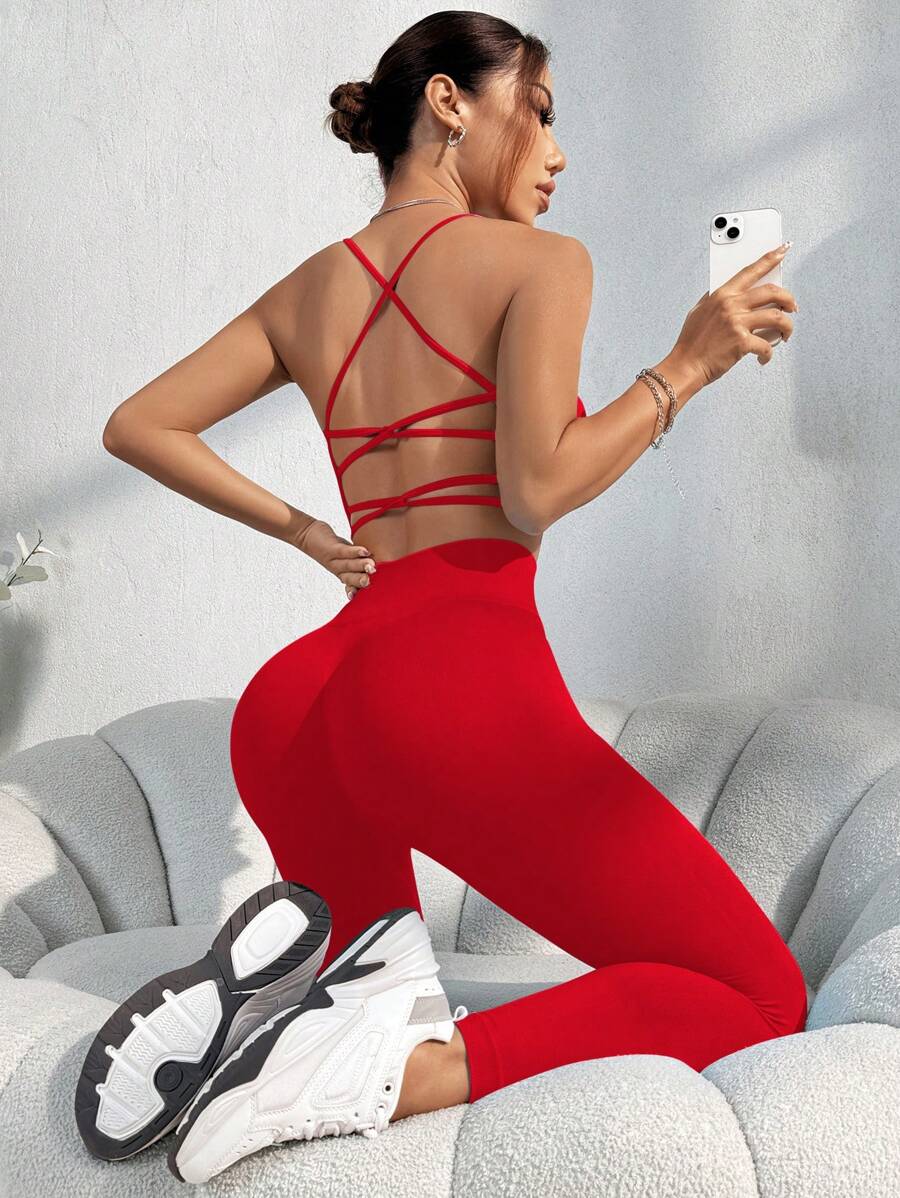 SHEIN Sports Solid Color Backless Halter Tank Top & Cropped Leggings Sports Set Workout Women Set Women Leggings Set - Red - View 1