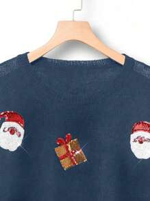 SHEIN LUNE Plus Size Women's Solid Color Knit Crew Neck Christmas Themed Beaded Decor Long Sleeve Casual Pullover Sweater