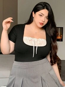Dazy Plus Plus Size Contrast Lace Mock 2-In-1 Fitted Short Sleeve T-Shirt, Spring/Summer Cute Tops, Back To School Clothes - Black - View 4