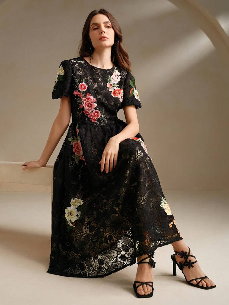 Women's Elegant Ruched Lace Trim Round Neck Short Sleeve Fitted Midi Dress
