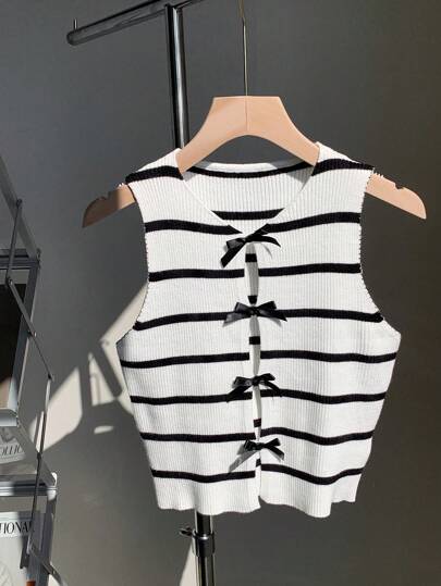 Comfortcana Top de punto sin mangas con decoración de lazo y diseño de rayas, estilo casual y minimalista para mujer