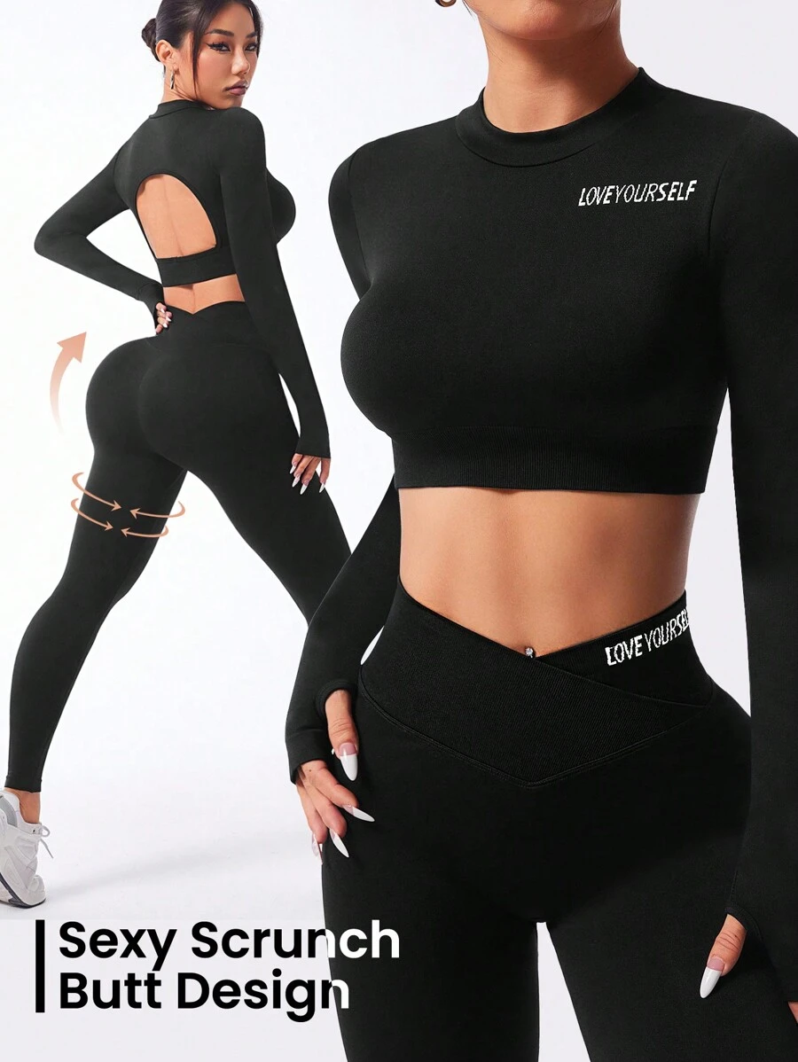 Easithlete Black Long Sleeve Seamless Sportswear Set, Minimalist Casual Everyday Wear Gym Set Workout Women Set Women Leggings Set - Black - View 1