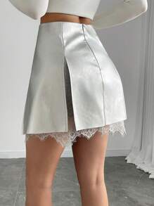 Calvaya Women PU Leather & Contrast Lace Bodycon Mini Skirt