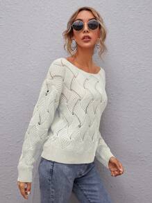 SHEIN LUNE Solid Color Boat Neck Casual Pullover Sweater Knit Pullover Fall Winter - White - View 4