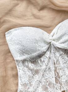 Soleia 女士度假纹理针织，弹性蕾丝面料扭纹抹胸短款上衣，前开衩，时尚适合下午茶、毕业典礼、四季、派对、情人节 - 白色 - 查看 4