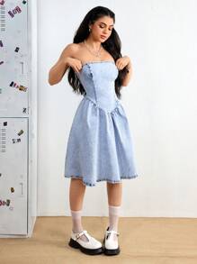 SHEIN EZwear Robe en jean tube sans dos et croisée pour femmes, lavée à la mode