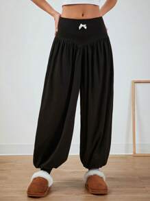 SHEIN EZwear Winter Bow Decor Black Knit Gathering Tummy Control  Loose Bound Feet Lantern Jogger Pants - Black - View 1
