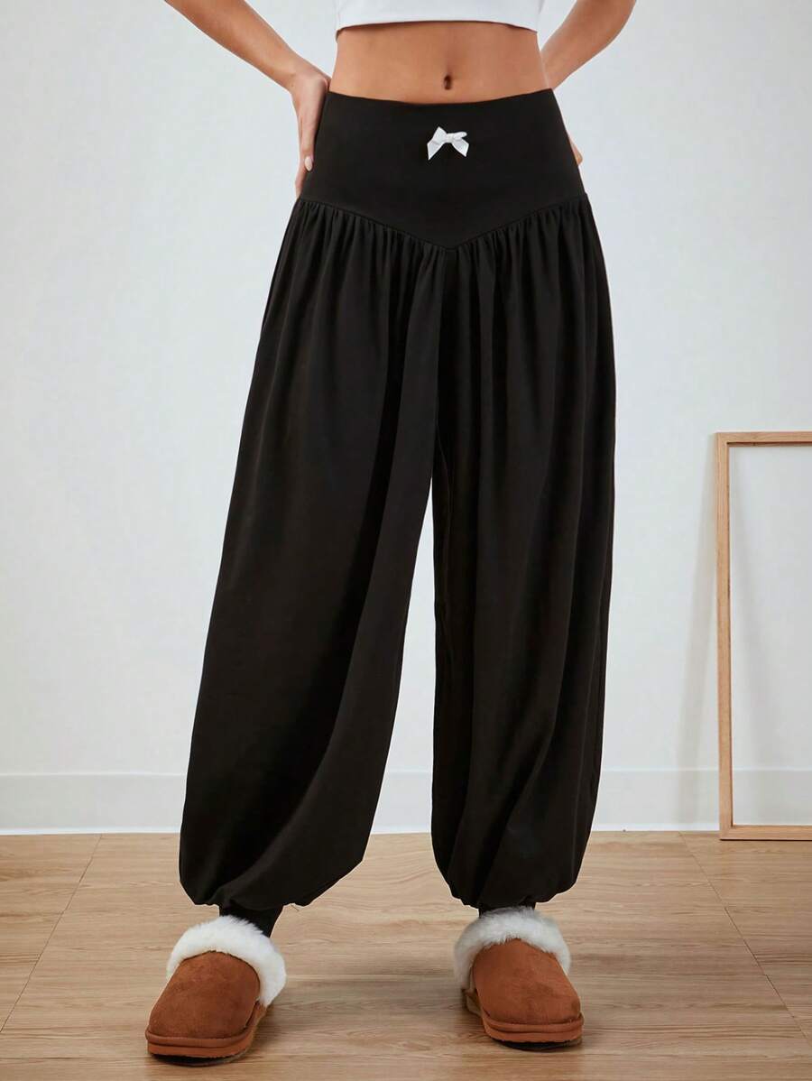 SHEIN EZwear Winter Bow Decor Black Knit Gathering Tummy Control  Loose Bound Feet Lantern Jogger Pants - Black - View 1