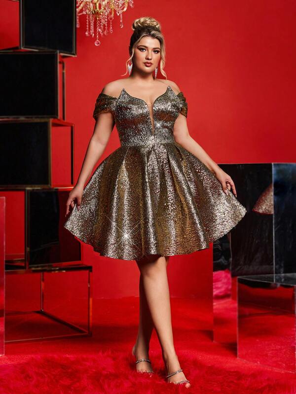 Lovelzi Plus Size Elegant Luxury Gold Off-Shoulder Jacquard Ball Gown, Wedding Guest Dress, Party Dress, Prom Dress