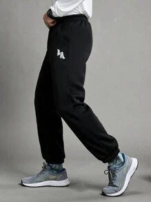 Manfinity Sport Corelite Boyfriend Style Men's Letter Patch Pocket Casual Sports Pants Sweat Pants - Black - View 7