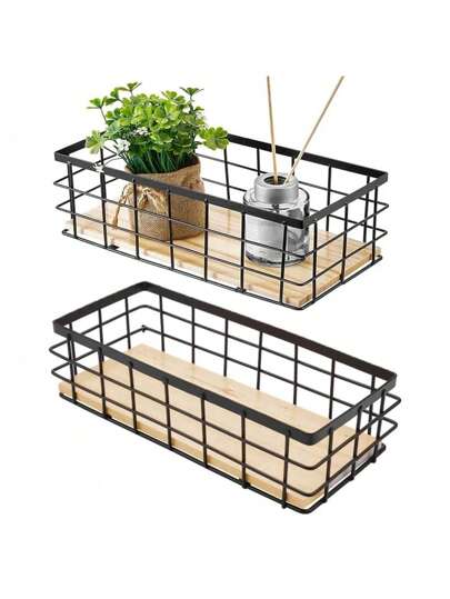 1 pieza Cesta de almacenamiento de metal, cesta de almacenamiento rústica de madera, caja de almacenamiento de baño de alambre negro con base de madera, bandeja de estilo granja de madera para baño, inodoro, cocina, oficina, caravana, rectangular
