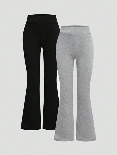 2pcs/Set Tween Girl Aged Flared High Waist Fleece Pants, Crossover Waist Design, All-Match Casual Fashion, High Waist Sweatpants