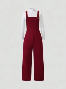 2 Pieces Set For Tween Girl, Casual Red Party Overall Jumpsuit And T-Shirt, Stylish And Versatile, Suitable For Fall And Spring Winter