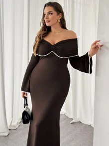 SHEIN Privé Vestidos de manga larga para mujer de talla grande, vestidos elegantes, vestidos hombros descubiertos, vestidos de cola de pez, vestido de Año Nuevo
