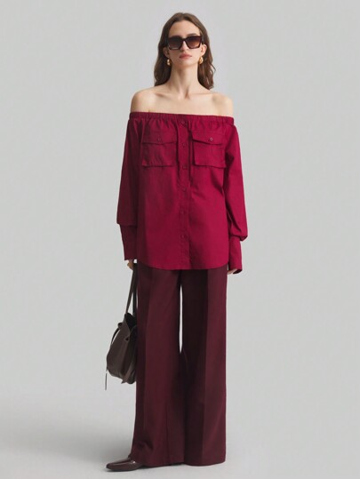 Ontre Blusa suelta casual con botones, de manga larga y hombros descubiertos, de unicolor, diseño de tendencia, esencial para primavera/verano, otoño