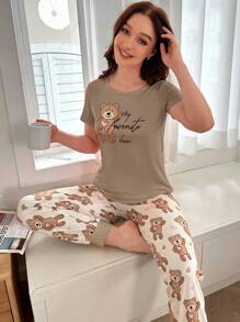 Bear Graphic Short Sleeve Top And Drawstring Ankle Pants Pajama Set  Cozy And Elegant Details - Multicolor - View 4