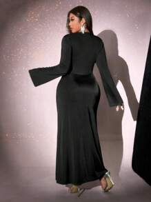 Viva Relle Plus Size Elegant Knitted Flower Ruched Dress,Valentine - Black - View 6