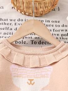 Toddler Girl's Cute Long Sleeve Ruffle Collar Pleated Skirt Bear Jacquard Knit Sweater Dress, Suitable For Fall Season - Khaki - View 3
