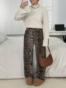 SHEIN Solid Color Stand Collar Slit Casual Versatile Long Sleeve Pullover Sweater