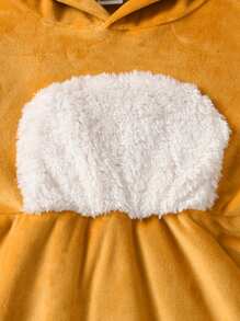 SHEIN 女童长袖银狐绒刺绣可爱驯鹿连帽拼色拼布连衣裙，秋冬新品 - 芥末黃 - 查看 3