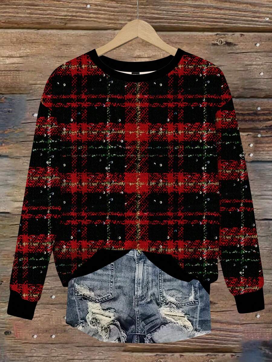 SHEIN LUNE 秋冬女款休闲简约红黑格子印花圆领宽松长袖连帽衫 - 彩色 - 查看 1