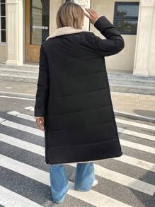 SHEIN Frenchy Women's Contrast Color Casual Zippered Long Sleeves Lined Teddy Padded Long Coat, Winter,Warmth Quilted Long Coat,Winter Clothes,Barn Jacket,Casual Everyday Wear,Commute,Minimalist - Black and White - View 2