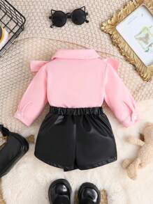 女婴优雅拼布荷叶边长袖衬衫和裙子套装，春/秋 - 粉色 - 查看 2