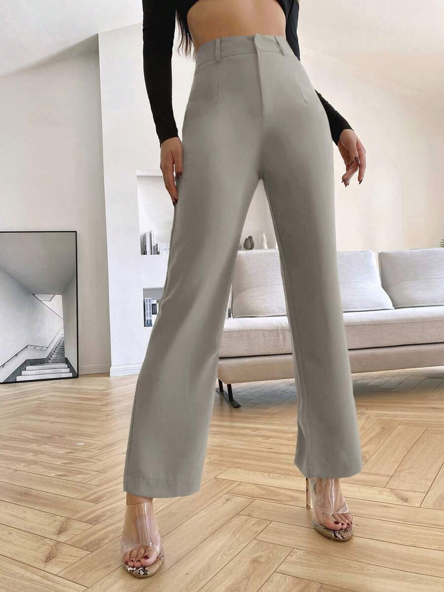 SHEIN Essnce Plain Color Elegant Office Wear Straight Leg Pants In Fall/Winter - Grey - View 1