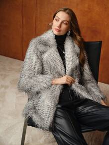 MOTF PREMIUM FLUFFY ALLOVER PATTERN WATERFALL COLLAR COAT - Black - View 2