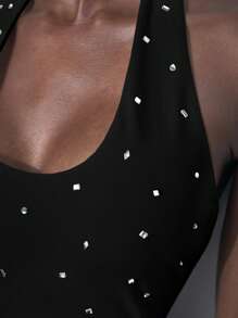 Maija Damska czarna bluzka bez rękawów z dekoltem w kształcie litery U i diamentowym zdobieniem, prosta i elegancka, uniwersalna do noszenia na co dzień/do pracy, odpowiednia na co dzień, do pracy i na wakacje na plaży