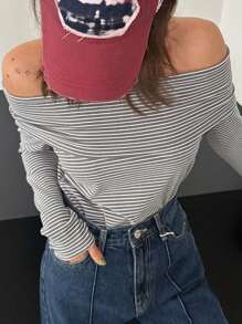 DAZY 女士露肩纯色针织T恤，灰色，春秋季长袖女式上衣，秋季女装露肩上衣 - 灰色 - 查看 5