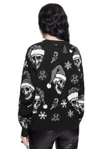 ROMWE Goth Suéter de cuello redondo con estampado en todo el diseño floral navideño de esqueleto oscuro