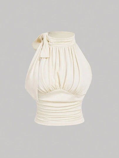 SHEIN MOD 加大码立领蝴蝶结褶皱杏色上衣