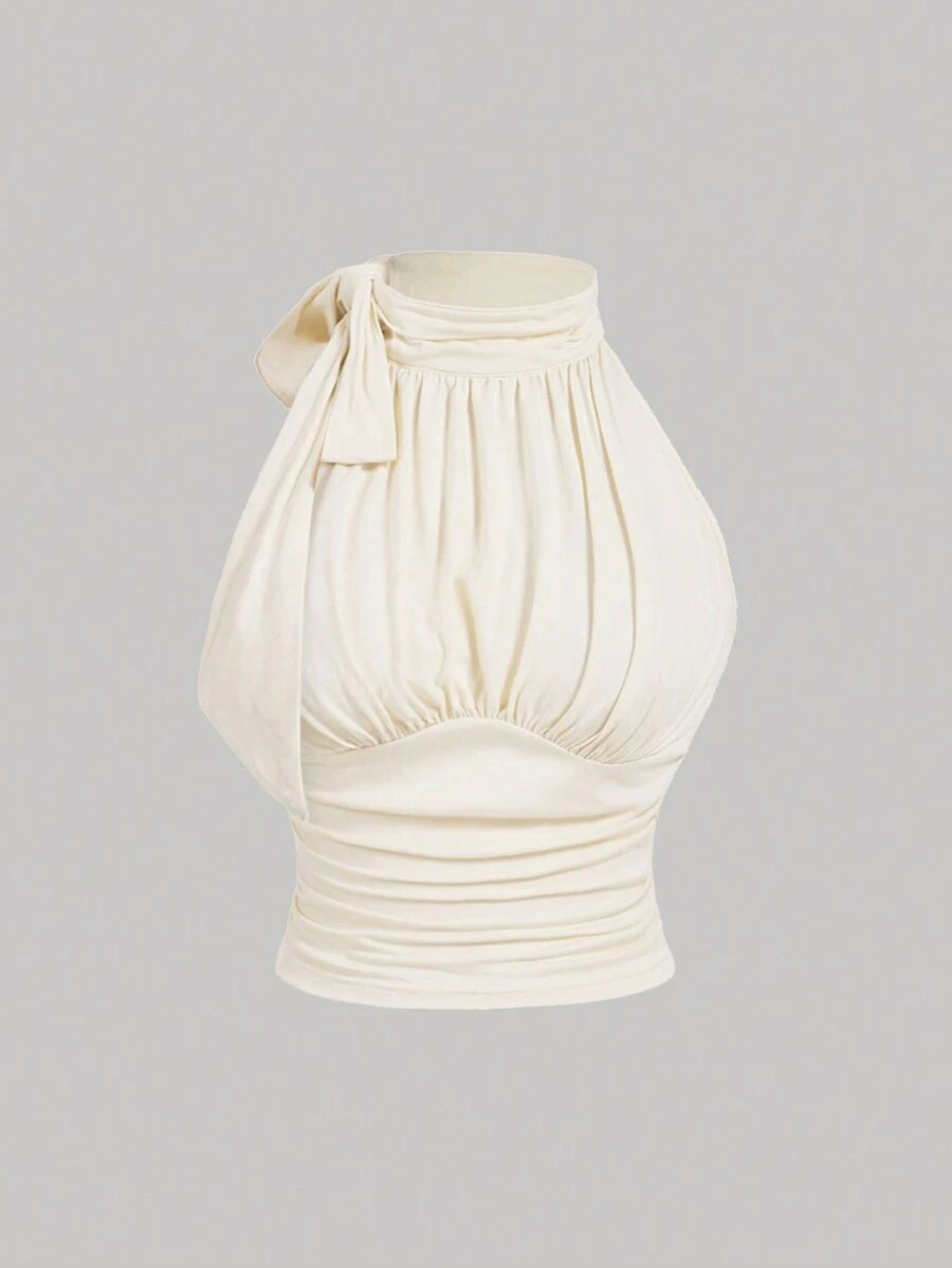 SHEIN MOD 加大码立领蝴蝶结褶皱杏色上衣 - 杏色 - 查看 1