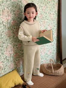 Dazy Kids 女童圆领毛衣套装，年轻女孩秋装 - 卡其色 - 查看 3