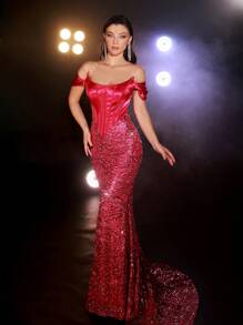 Glamrae Elegant, Gorgeous And Sexy Rose Red Fine Sequins And Sequins Are Stitched With Elastic Satin One-Shoulder Shape Chest Horn Herring Bone V-Shaped Slim Mermaid Floor-Length Skirt Suitable For Dinner Bachelor Party Date Prom Wedding Evening Dress