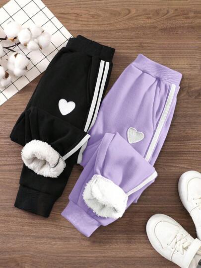 Elladie kids 2pcs Young Girl Sweatpants With Side Stripe Print, Heart Patch, Thermal Lined And Pockets