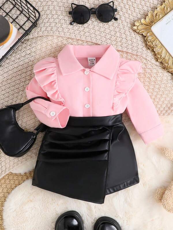 Baby Girl Elegant Patchwork Ruffle Trim Long Sleeve Shirt And Skirt Set, Spring/Autumn