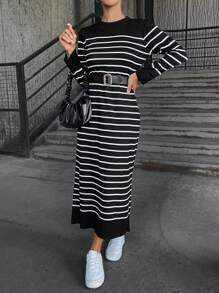 Cloudara Striped Pattern Sweater Dress - Black and White - View 6