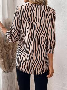 SHEIN LUNE Chemise kaki à imprimé zébré pour femmes en automne - Kaki - Voir 4