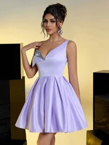 SHEIN Belle Elegant Romantic Purple Satin Sequins One Shoulder Princess Dress Adjustable Back Strap Date Birthday Party Wedding Event Bachelor Party Prom Dress, Wedding Guest Dress - Pink - View 7