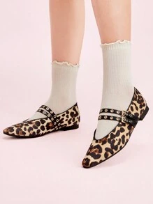 CUCCOO DOLLMOD Square Toe Flat Low Vamp Metal Rivets Buckle Leopard Print Color Block Soft Bottom Retro Women Loafers, Suitable For Daily Commute, Party And Walking New Year Holiday Valentines - Multicolor - View 5