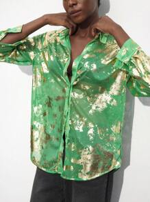 Maija 女士春夏烫金印花长袖优雅办公室衬衫宽松衬衫亮片金色上衣浪漫、时尚、百搭、适合夏季度假、舒适、波西米亚风格、沙滩装