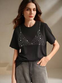Anewsta Women's Glamorous Rhinestone Embellished Crew Neck Short Sleeve T-Shirt