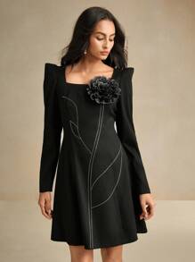 Anewsta Rhinestone 3D Floral Square Neck Puff Sleeve Elegant Dress - Black - View 3