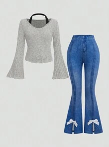 SHEIN 2pcs Tween Girl Knitted Halter Flare Sleeve Crop Top & Flare Hem Bowknot Pants Set, Fashion Fall/Winter Outfit - Multicolor - View 1