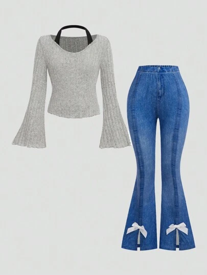 SHEIN 2pcs Tween Girl Knitted Halter Flare Sleeve Crop Top & Flare Hem Bowknot Pants Set, Fashion Fall/Winter Outfit