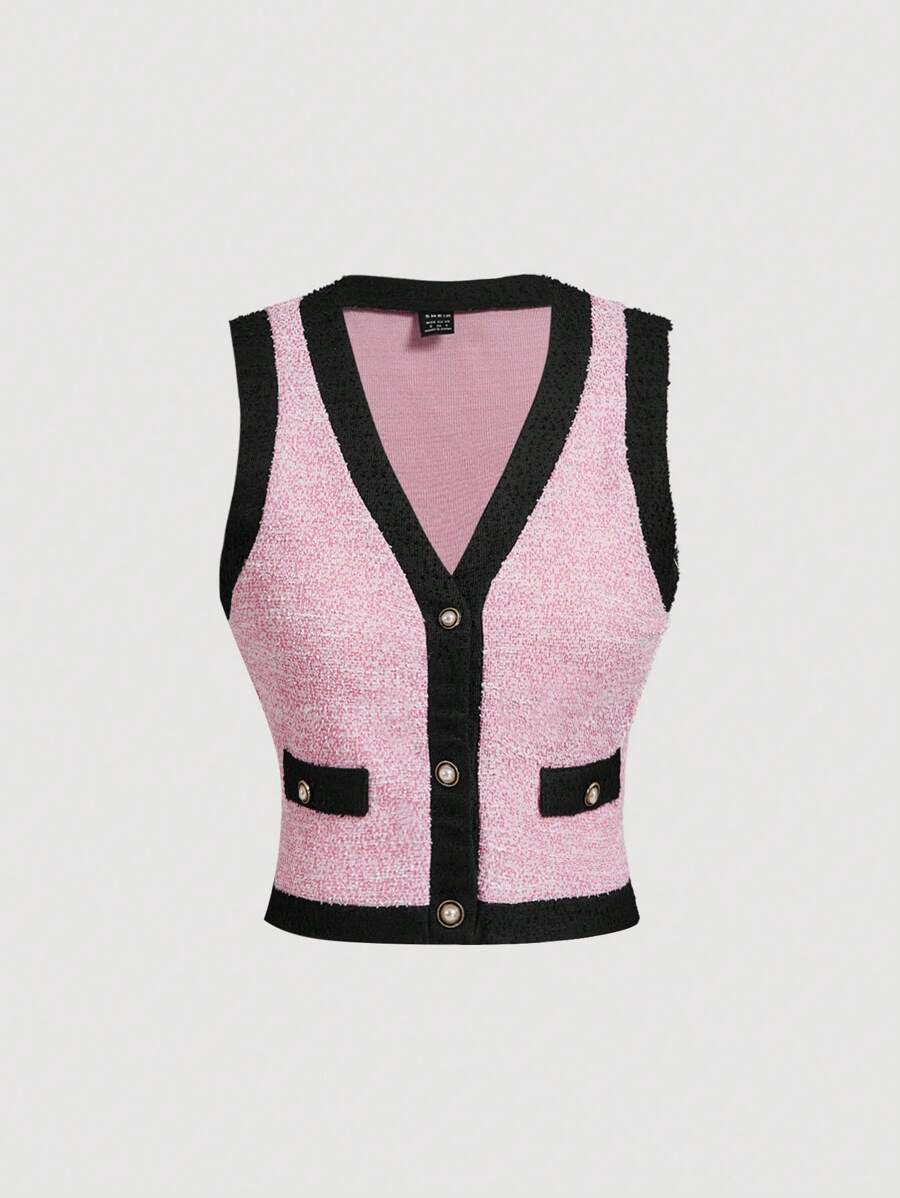 SHEIN MOD 撞色黑色镶边粉色修身短款女式背心 - 彩色 - 查看 1