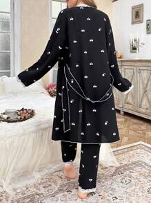 CottageSlumber Set de 3 piezas de ropa de dormir con contraste de encaje y estampado de cerezas, incluye bata, ideal para vacaciones y temporada festiva