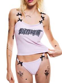 ROMWE Goth Women's Punk Bow Decor Slogan Cami Top And Brief Tankini Set, Halloween - Pink - View 1